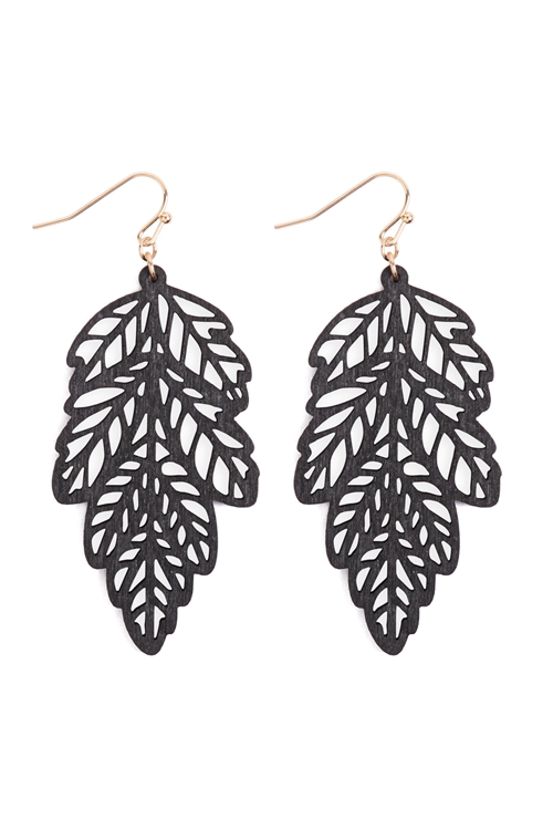 S7-4-2-ME20137BK - WOOD LEAF FILIGREE EARRINGS - BLACK/6PCS