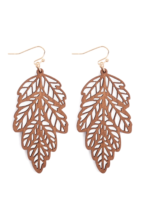 S7-4-2-ME20137BRW - WOOD LEAF FILIGREE EARRINGS - BROWN/6PCS