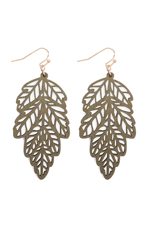 S7-5-3-ME20137OLV - WOOD LEAF FILIGREE EARRINGS - OLIVE/6PCS