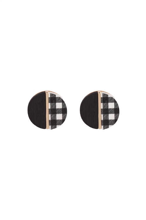 A3-1-5-ME20156CK2 - ROUND WOOD WHITE CHECK TWO TONE STUD EARRINGS/6PCS