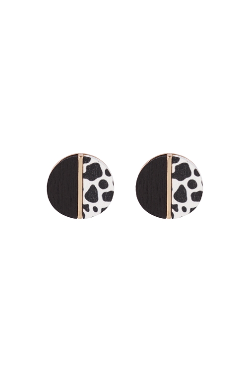 A3-1-5-ME20156COW - ROUND WOOD WHITE COW TWO TONE STUD EARRINGS/6PCS