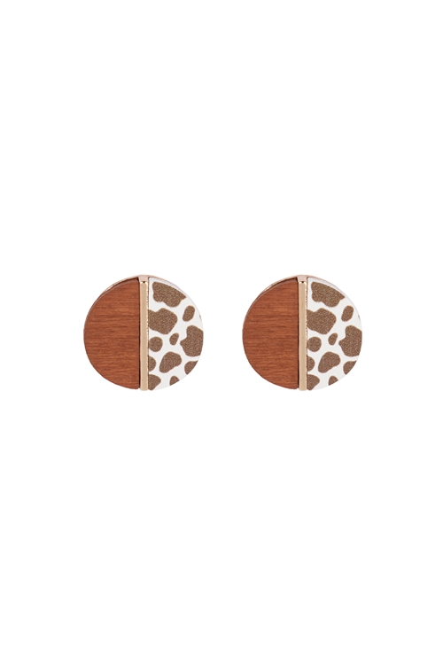 A3-1-5-ME20156NCOW - ROUND WOOD NATURAL COW TWO TONE STUD EARRINGS/6PCS