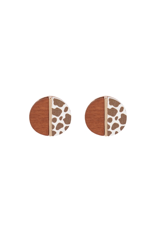 A1-3-3-ME20156NCOW - ROUND WOOD NATURAL COW TWO TONE STUD EARRINGS/1PC