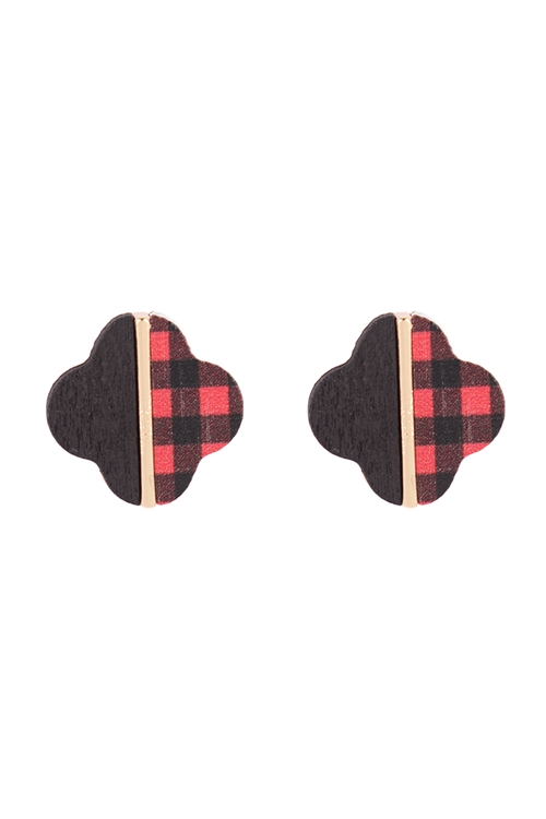 A2-1-5-ME20157CK1 - CLOVER WOOD CHECK  RED TWO TONE STUD EARRINGS/1PC