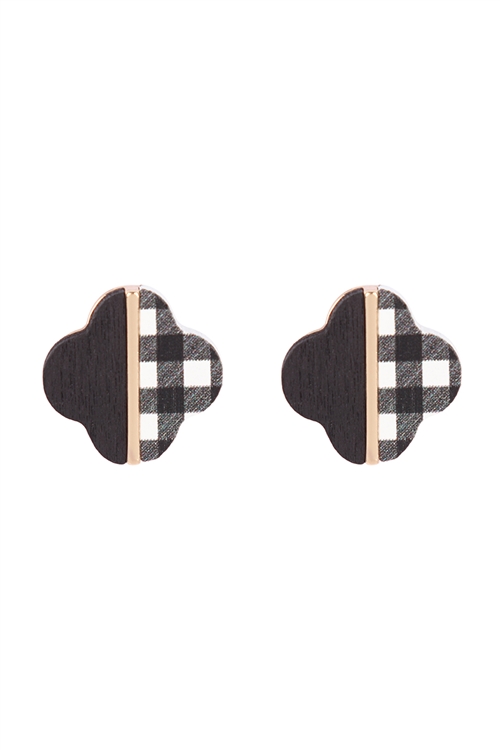 A2-1-5-ME20157CK2 - CLOVER WOOD CHECK WHITE TWO TONE STUD EARRINGS/1PC