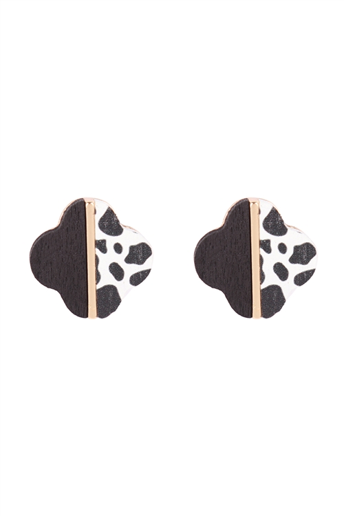 A2-1-5-ME20157COW - CLOVER WOOD WHITE COW TWO TONE STUD EARRINGS/1PC