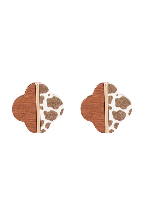 A2-1-5-ME20157NCOW - CLOVER WOOD NATURAL COW TWO TONE STUD EARRINGS/1PC