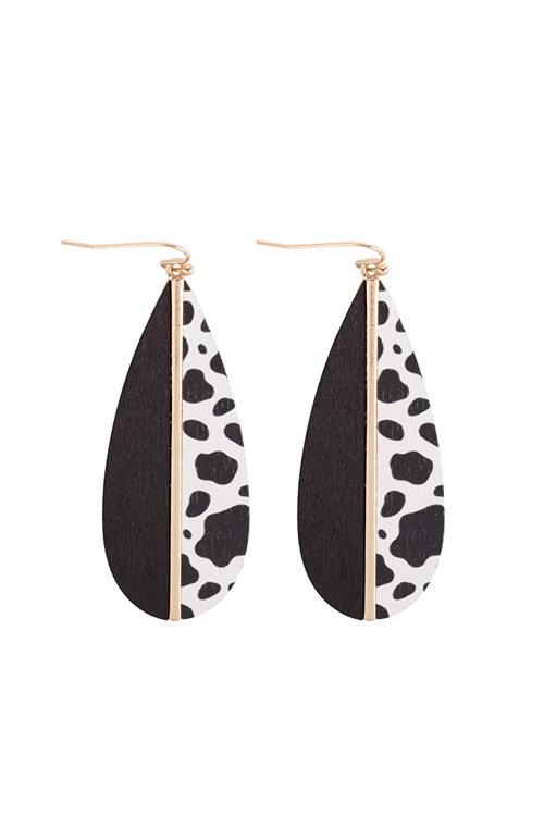 A3-2-4-ME20158COW - TEARDROP WOOD WHITE COW TWO TONE EARRINGS/6PCS