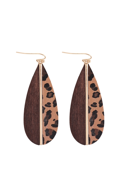 237-E-ME20158LEO - TEARDROP WOOD LEOPARD TWO TONE EARRINGS/6PCS