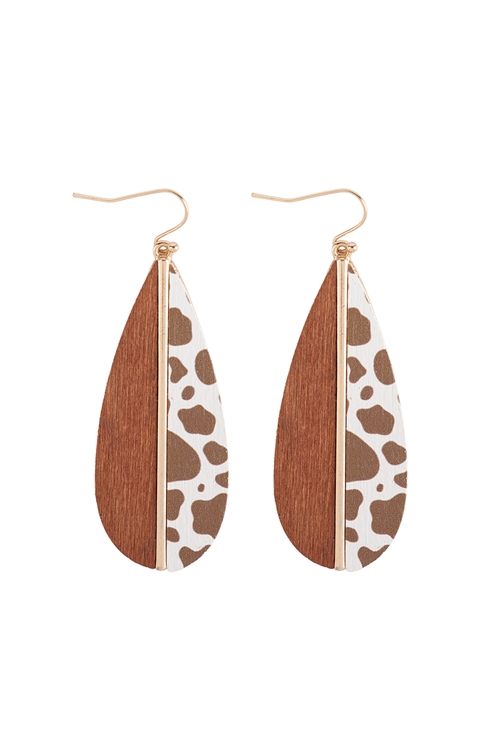 A3-2-4-ME20158NCOW - TEARDROP WOOD NATURAL COW TWO TONE EARRINGS/6PCS