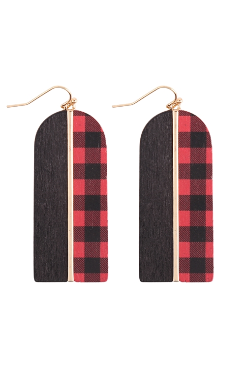 A3-3-5-ME20159CK1 - ARCH WOOD CHECK RED TWO TONE EARRINGS/6PCS