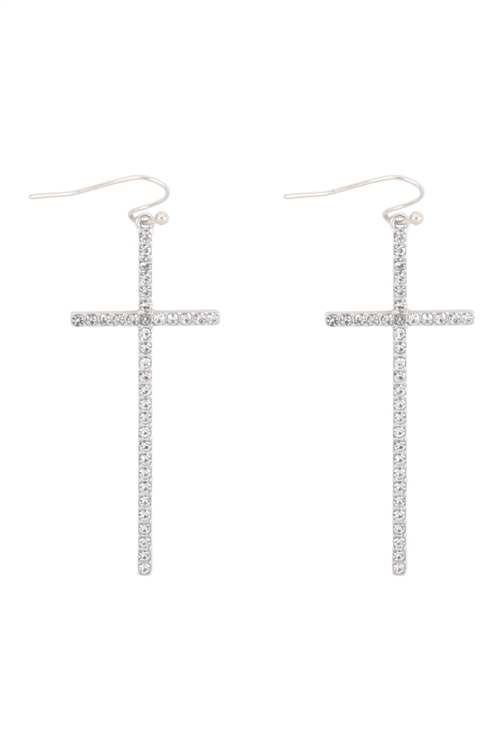 A2-1-2/SA4-1-5-ME20180RD - LONG CROSS CUBIC ZIRCONIA PAVE FISH HOOK EARRINGS - SILVER/6PCS