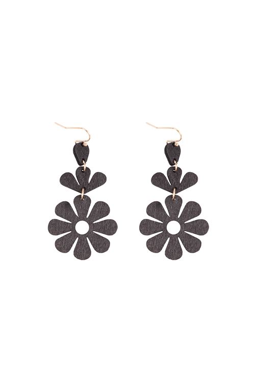 S5-4-2-ME20225BK - FLOWER WOOD DROP LINK EARRING - BLACK/6PCS