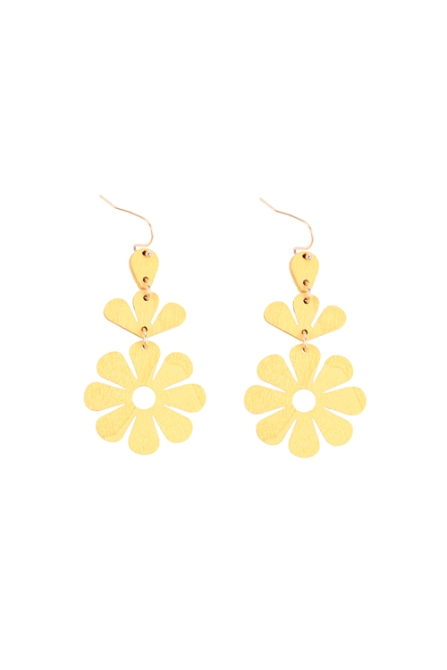 S5-4-2-ME20225YEL - FLOWER WOOD DROP LINK EARRING - YELLOW/6PCS