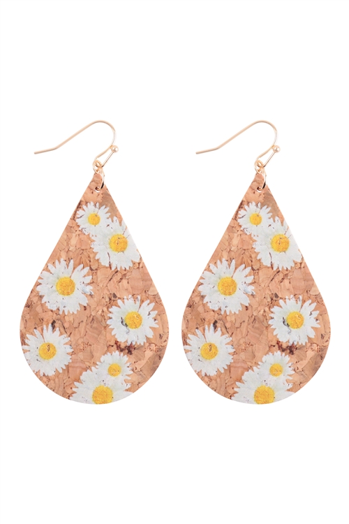 S1-3-5-ME20227WHT - SUNFLOWER PRINTED CORK TEARDROP FISH HOOK EARRING - WHITE/6PCS