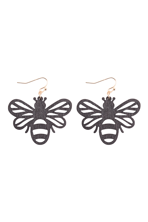 S6-6-5-ME20234BK - BEE WOOD FILIGREE DANGLE FISH HOOK EARRINGS - BLACK/6PCS