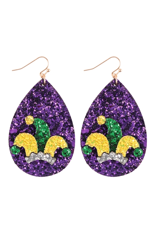 A2-2-4-ME20245PUR - JESTER HAT GLITTER LEATHER MARDI GRAS EARRINGS - PURPLE/6PCS