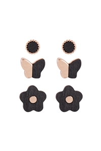 S22-12-3-ME20249BK - WOOD SPRING 3SET  BUTTERFLY FLOWER STUD EARRINGS - BLACK/6PCS