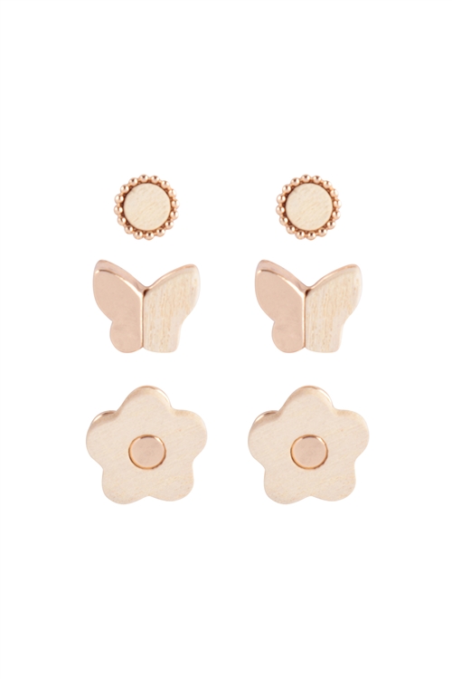 S22-12-3-ME20249CRM - WOOD SPRING 3SET  BUTTERFLY FLOWER STUD EARRINGS - CREAM/6PCS