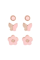 S22-12-3-ME20249LPK - WOOD SPRING 3SET  BUTTERFLY FLOWER STUD EARRINGS - LIGHT PINK/6PCS