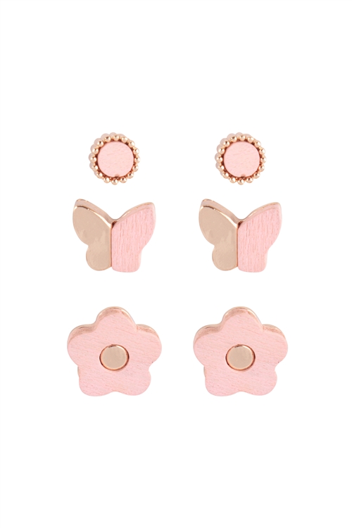 S22-12-3-ME20249LPK - WOOD SPRING 3SET  BUTTERFLY FLOWER STUD EARRINGS - LIGHT PINK/6PCS