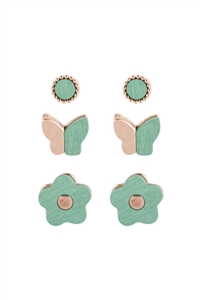 S22-12-3-ME20249TQS - WOOD SPRING 3SET  BUTTERFLY FLOWER STUD EARRINGS - TURQUOISE/6PCS