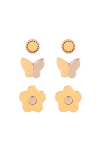 S22-12-3-ME20249YEL - WOOD SPRING 3SET  BUTTERFLY FLOWER STUD EARRINGS - YELLOW/6PCS