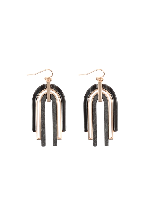 A1-1-2-ME20313BK - WOOD WITH ACETATE ARCH EARRINGS-BLACK/6PCS