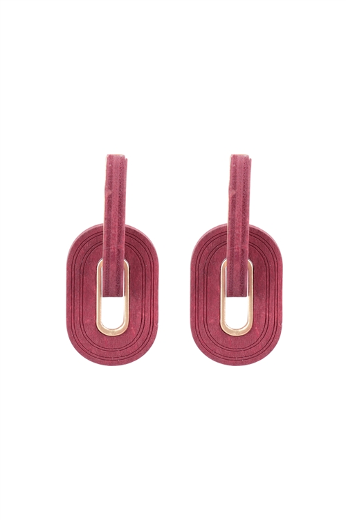 A1-3-2-ME20334BGD - OVAL THICK WOOD LINK HOOP EARRINGS-BURGUNDY/1PC