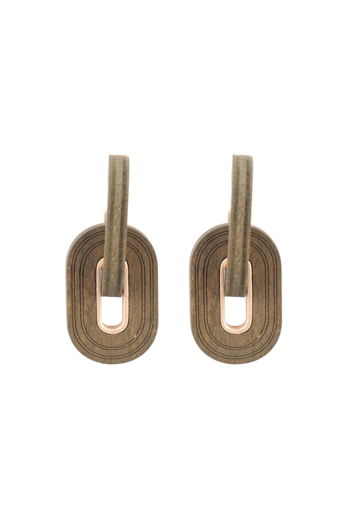 A1-3-2-ME20334OLV - OVAL THICK WOOD LINK HOOP EARRINGS-OLIVE/1PC