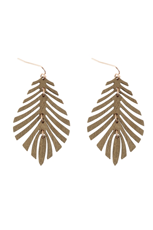 S5-4-2-ME20349OLV - WOOD WIDE LEAF DROP EARRINGS-OLIVE/1PC