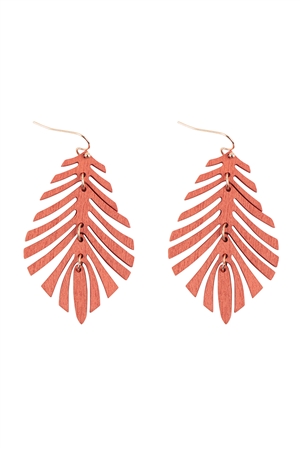 S5-4-2-ME20349ORG - WOOD WIDE LEAF DROP EARRINGS-ORANGE/1PC