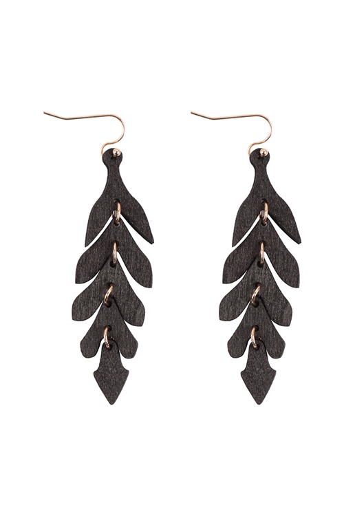 S1-6-3-ME20354BK - WOOD NARROW LEAF DANGLE DROP EARRINGS-BLACK/1PC