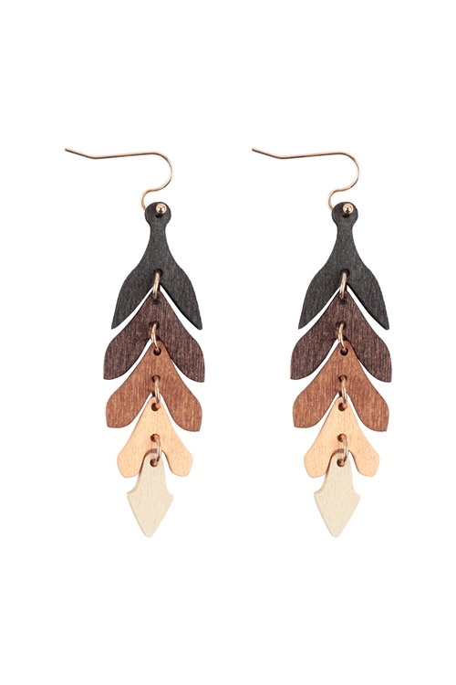 S1-6-3-ME20354MLT - WOOD NARROW LEAF DANGLE DROP EARRINGS-MULTICOLOR/1PC