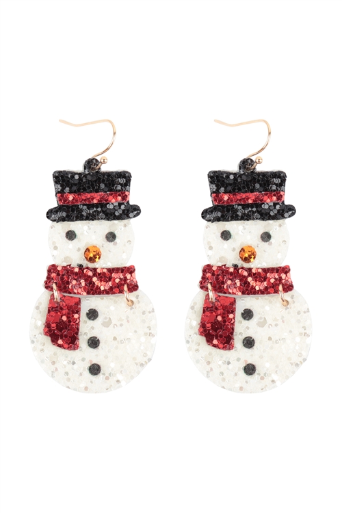 SA3-3-2-ME20373WHT - CHRISTMAS SNOWMAN GLITTER FISH HOOK EARRINGS-WHITE/6PCS