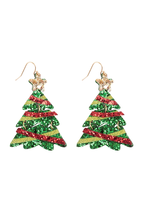 A1-1-3-ME20374GRN - CHRISTMAS TREE GLITTER FISH HOOK EARRINGS-GREEN/1PC