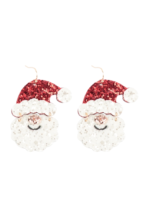 SA3-3-2-ME20376WHT - CHRISTMAS SANTA GLITTER FISH HOOK EARRINGS-WHITE/1PC