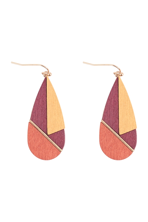 A2-1-1-ME20385BGD - WOOD MULTICOLOR GEOMECTRIC TEARDROP FISH HOOK EARRINGS-BURGUNDY/6PCS