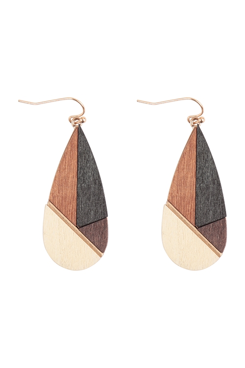 A2-1-1-ME20385BK - WOOD MULTICOLOR GEOMECTRIC TEARDROP FISH HOOK EARRINGS-BLACK/6PCS