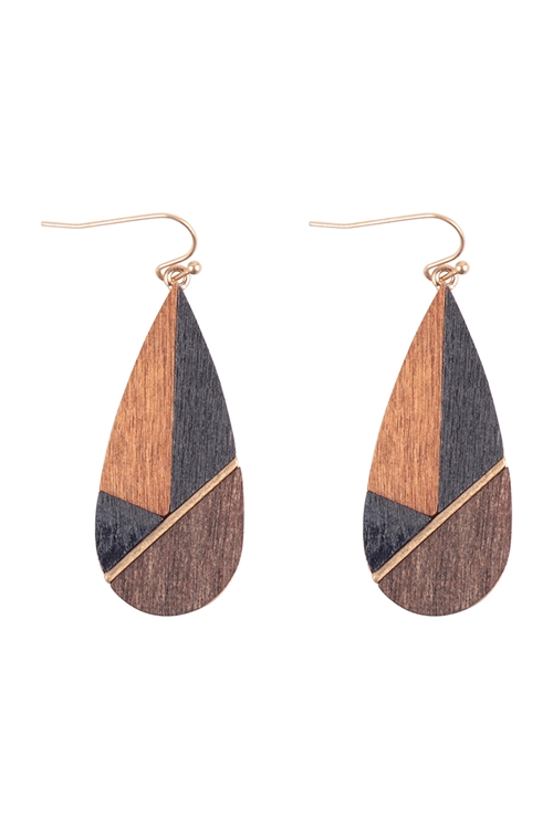 A2-1-1-ME20385NAV - WOOD MULTICOLOR GEOMECTRIC TEARDROP FISH HOOK EARRINGS-NAVY/6PCS