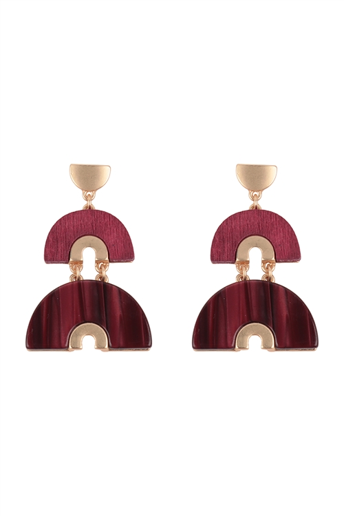 A1-1-4-ME20389BGD - ACETATE WOOD ARCH LAYERED DROP EARRINGS-BURGUNDY/1PC (NOW $3.00 ONLY!)