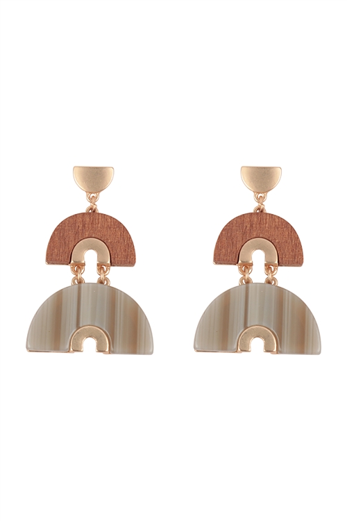 A1-1-4-ME20389NEU - ACETATE WOOD ARCH LAYERED DROP EARRINGS-NEUTRAL/1PC (NOW $3.00 ONLY!)