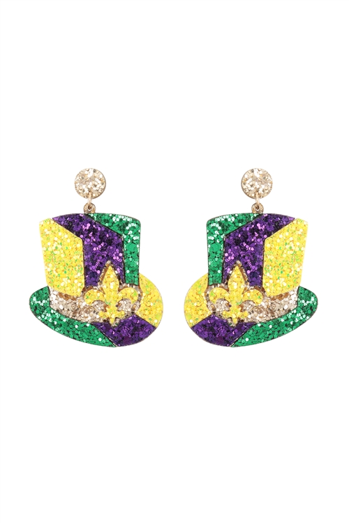 S4-6-3-ME20416M5 - MARDI GRAS GLITTER HAT EARRINGS-MULTICOLOR 5/1PC