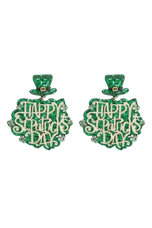 S1-5-2-ME20439GRN - HAPPY ST.PATRICK'S DAY GLITTER DANGLE EARRINGS-GREEN/6PCS