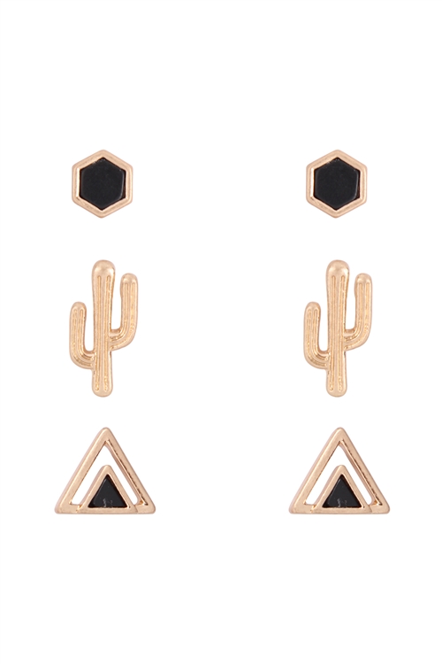 A1-2-2-ME3113JET - SEMI PRECIOUS STONE 3SET CACTUS AND GEOMECTRIC SHAPE EARRINGS - BLACK/6PCS