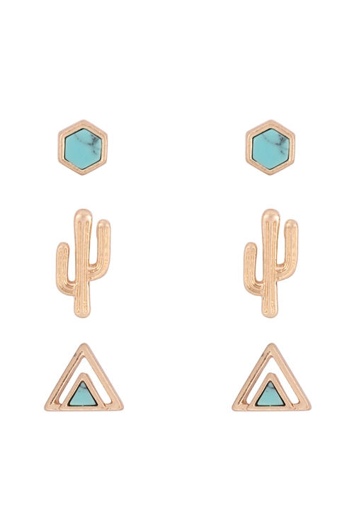 A1-2-2-ME3113TQS - SEMI PRECIOUS STONE 3SET CACTUS AND GEOMECTRIC SHAPE EARRINGS - TURQUOISE/6PCS