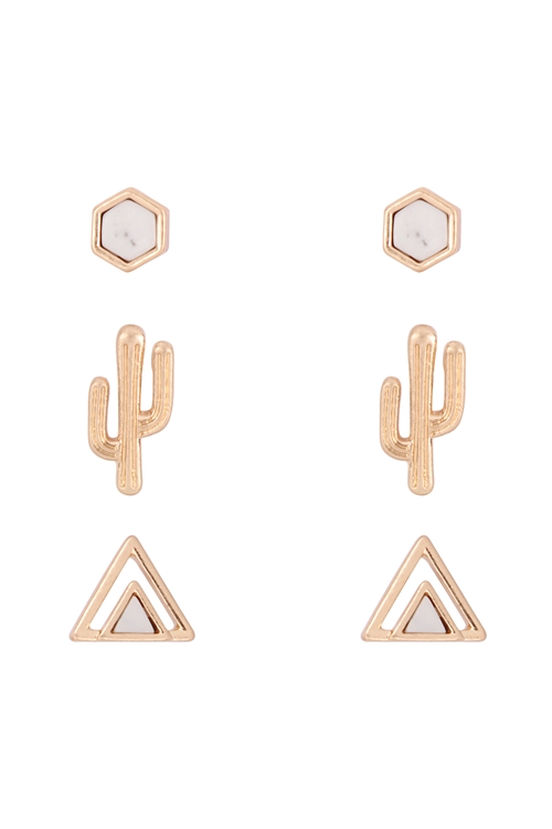 A1-2-2-ME3113WHT - SEMI PRECIOUS STONE 3SET CACTUS AND GEOMECTRIC SHAPE EARRINGS - WHITE/6PCS