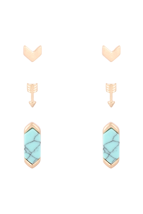 S5-4-4-ME3114TQS - SEMI STONE 3 SET ARROW CHEVRON EARRINGS - TURQUOISE/6PCS