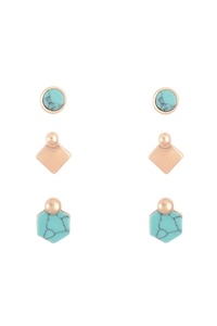 SA3-1-4-ME3117TQS - SEMI PRECIOUS STONE GEOMETRIC SHAPE STUD 3SET EARRINGS - TURQUOISE/1PC