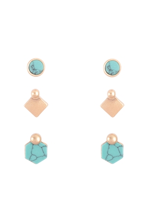 SA3-1-4-ME3117TQS - SEMI PRECIOUS STONE GEOMETRIC SHAPE STUD 3SET EARRINGS - TURQUOISE/1PC